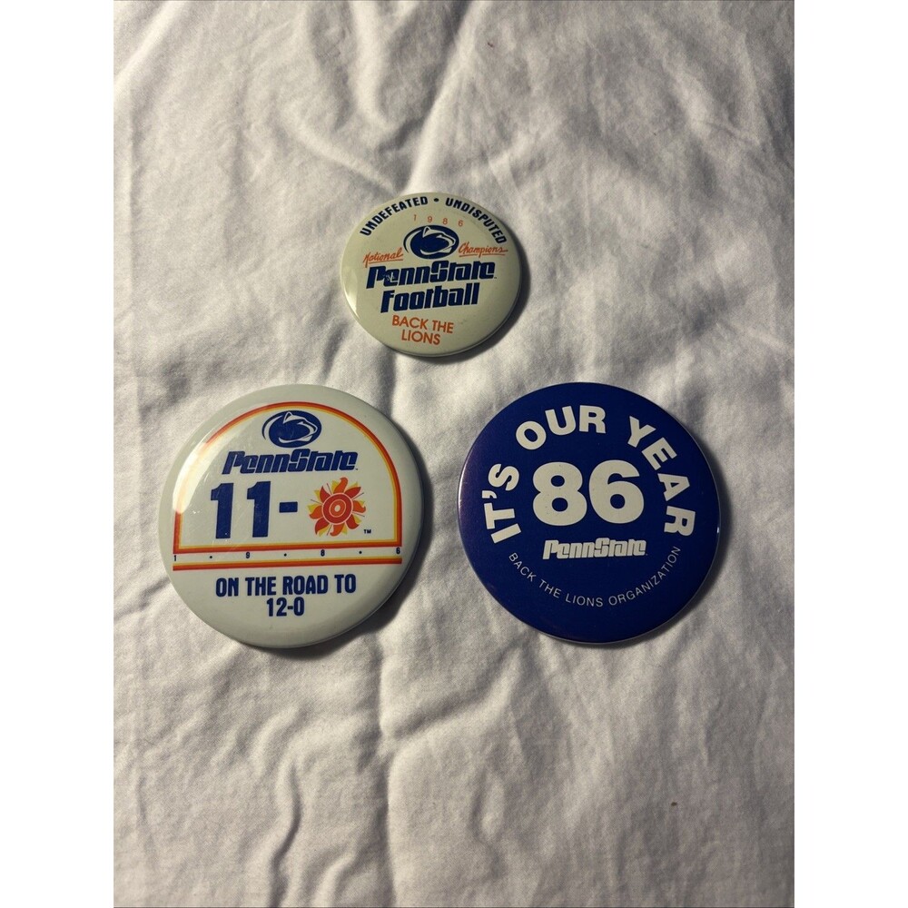 VTG 1986 Penn State Football 11-0 Undefeated National Champions 3 Button Pin Lot